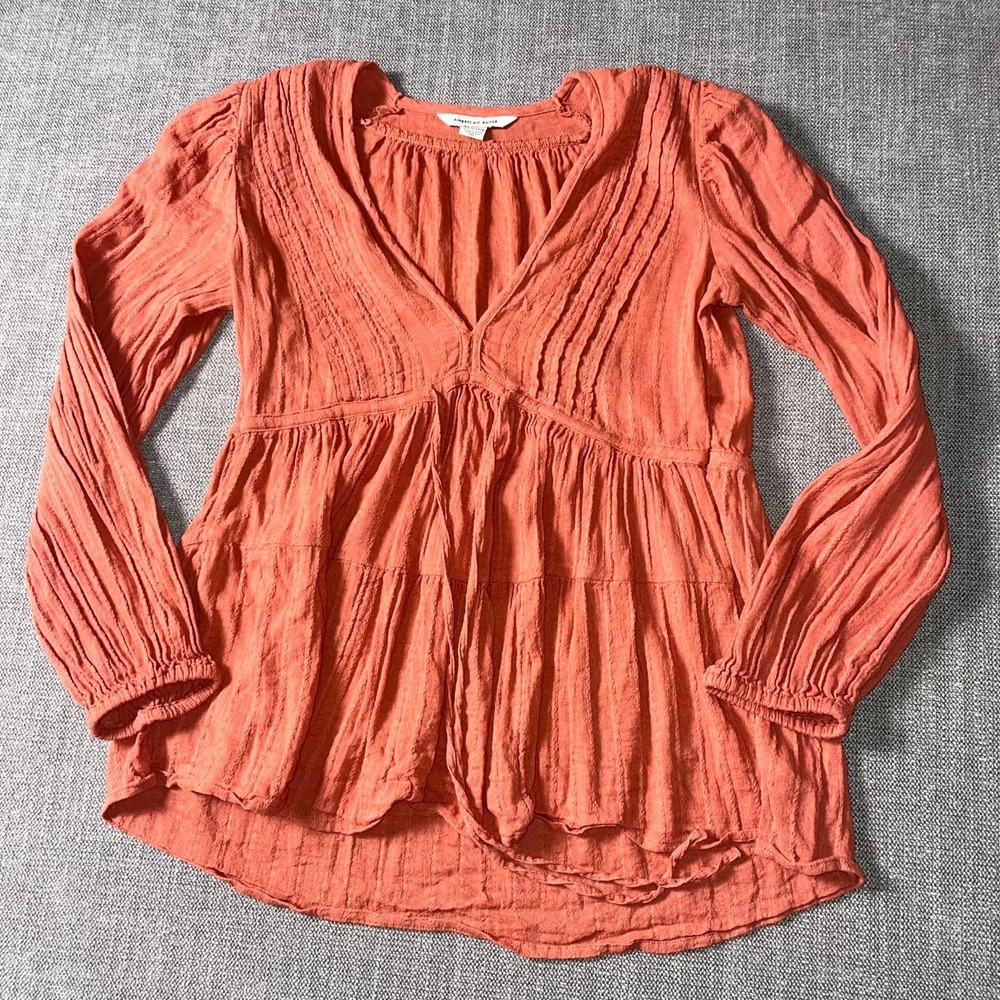 American Eagle Outfitters Blouse Top Womens XS‎ Red Textured Crinkled Fabric